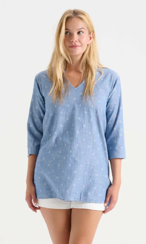 Tunic Top - Light Blue with White Anchors